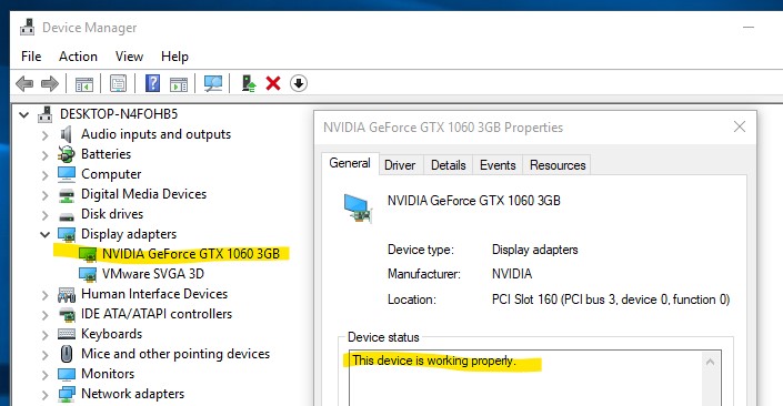 Shows "NVIDIA GeForce GTX 1060" in the Windows 10 Device Manager alongside the "VMWare SVGA 3D" display device.